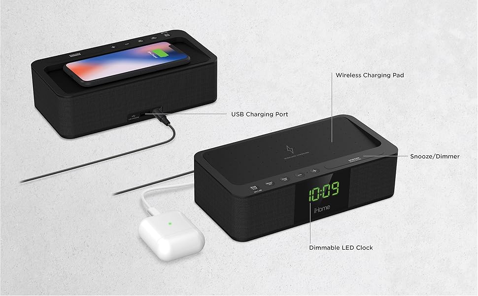 iHome Alarm Clock with Wireless Charging and USB Charger