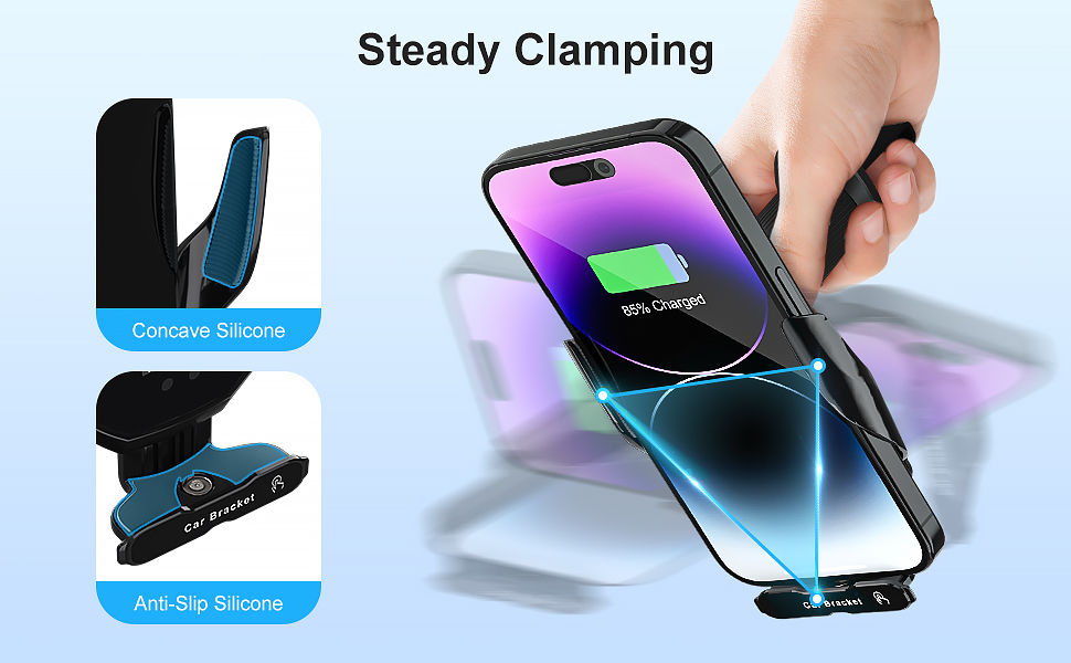 Wireless phone charging device showing steady clamping mechanism with blue illumination and charging indicator display. Features adjustable mounting clips in black.