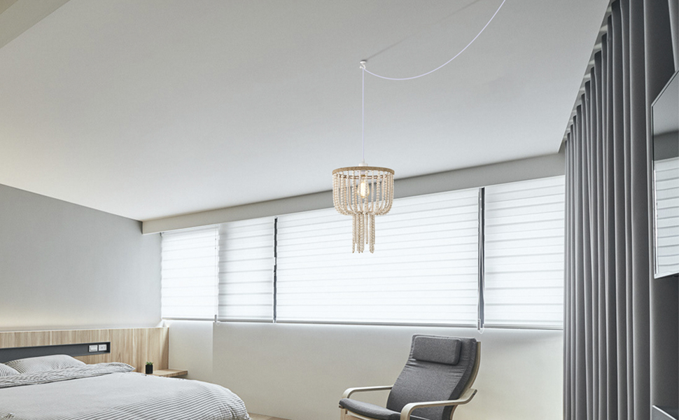 Boho Pendant Light Plug in with Cord Whitewashed Wood Beaded Plugin
