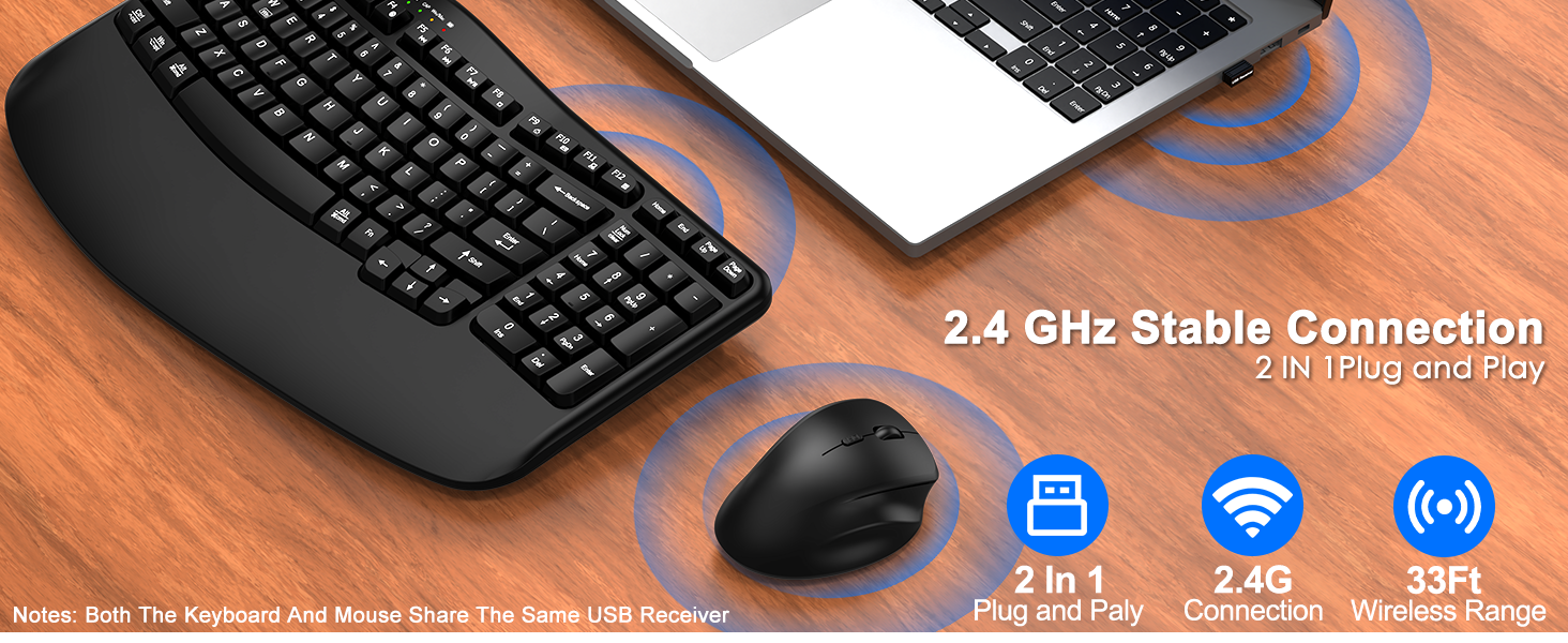 Wireless Keyboard and Mouse Combo Wave Keys Ergonomic Keyboard Wrist Rest Advanced Ergonomic Mouse