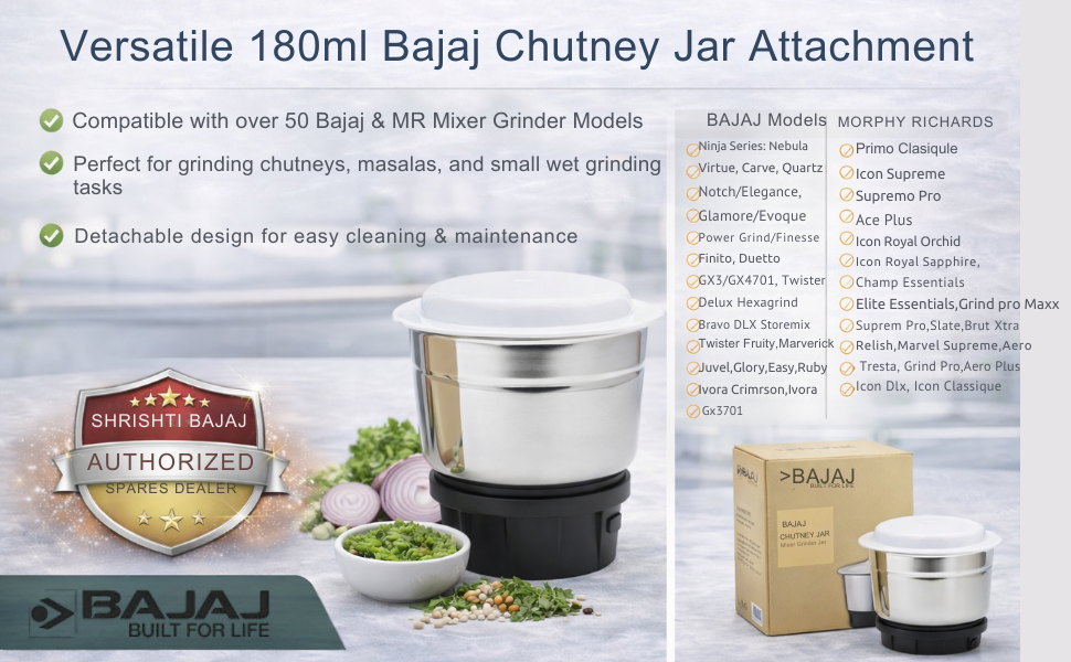new Swati Bajaj 180ml Chutney Grinding Jar | Compatible with 50+ Bajaj & MR Mixer Grinder Models | Original Replacement Jar Assembly