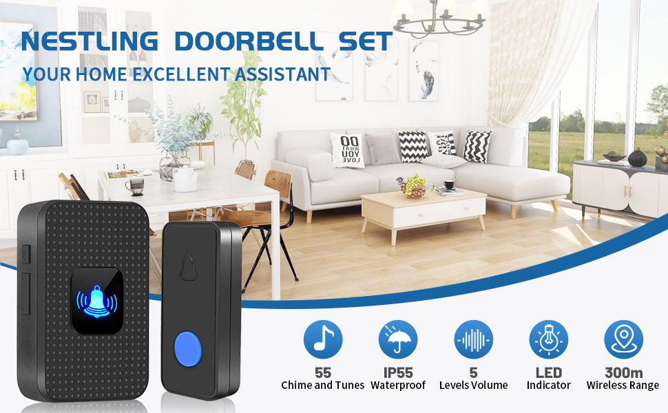 Nestling Wireless Doorbell, IP55 Waterproof Plug in Cordless Door Bells