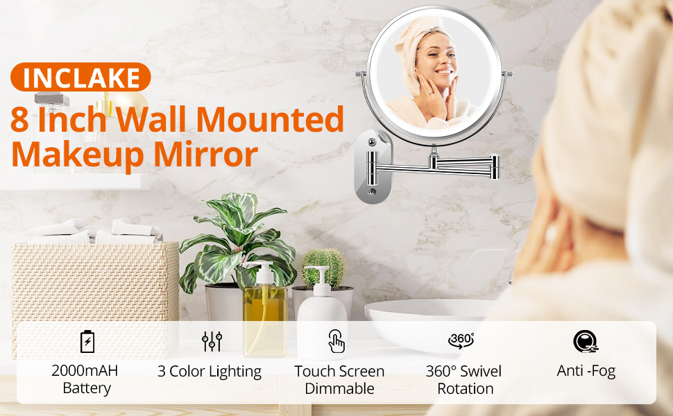 Wall Mounted Makeup Mirror with 3 Color Lights, 8" Magnifying LED