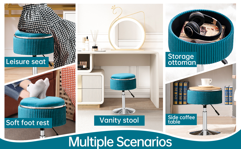 Round Storage Vanity Stool, 360°Swivel Height Adjustable Stool Chair, Teal Vanity