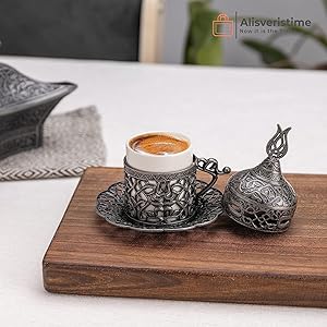 Antique Black Coffee Set, Robust Zamac, Porcelain Cups, Lale Motifs, Durable Coffee Set