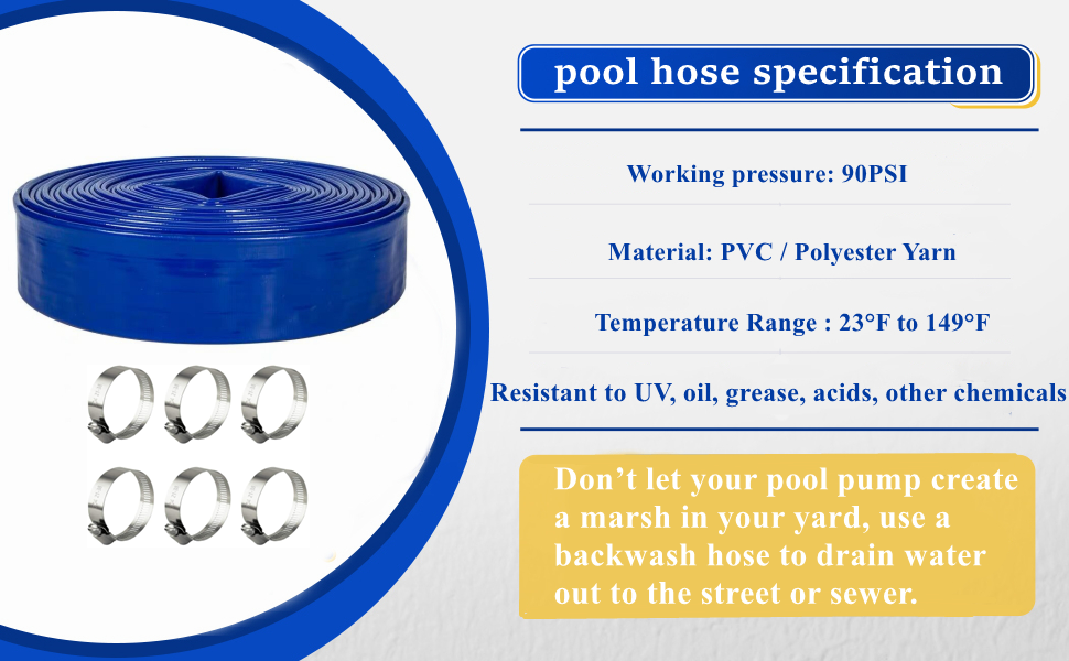 2 IN x 100 FT Pool Backwash Hose, Heavy Duty Flat Discharge