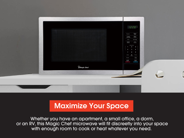 A Magic Chef microwave. Text reads: Maximize your space. 