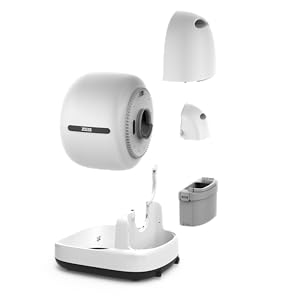 Weißes Roboter- oder Elektronikgerät aus mehreren Blickwinkeln auf dunklem Hintergrund mit geschwungenen Designelementen und möglichen Sensorkomponenten.