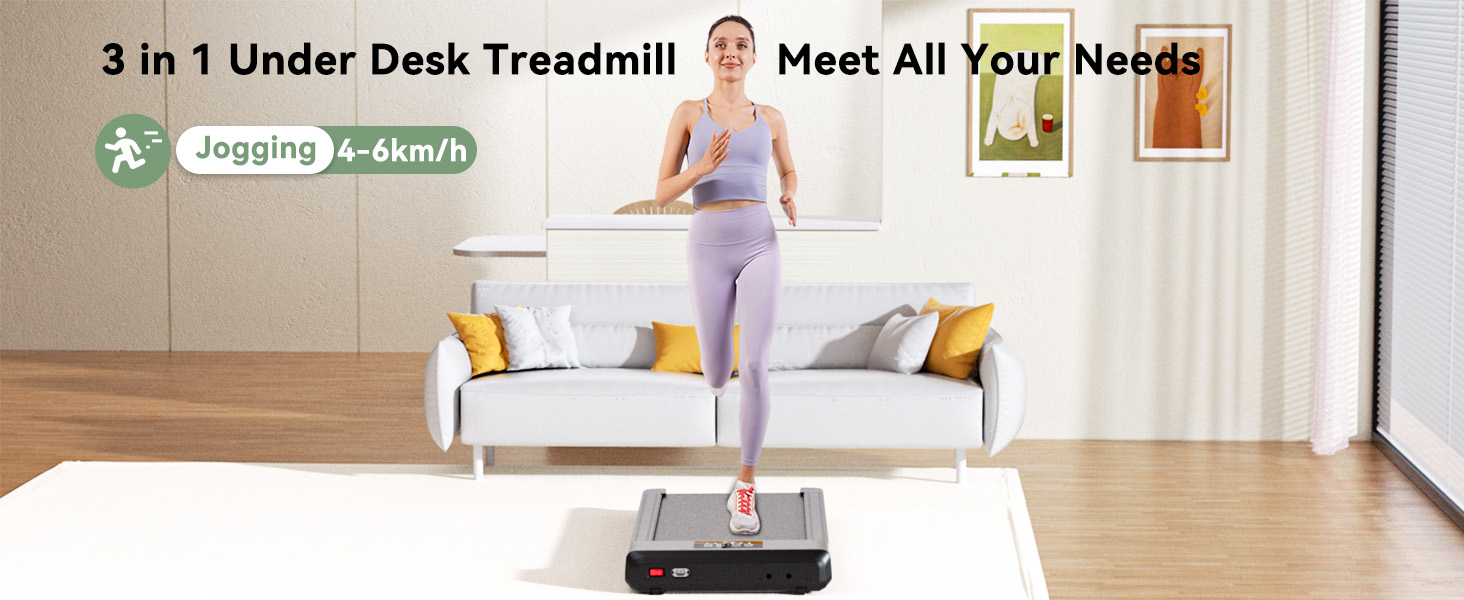 Compact under-desk treadmill in living room setting. Woman demonstrating use, with text '3 in 1 Under Desk Treadmill' visible.