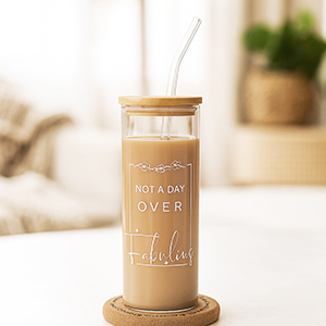 17-oz coffee glass cup with a bamboo lid and straw