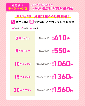 音声SIM月額料金
