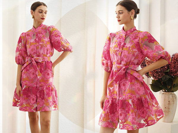 CHICWISH Women Floral Jacquard Mini Dress Puff Sleeves Mock