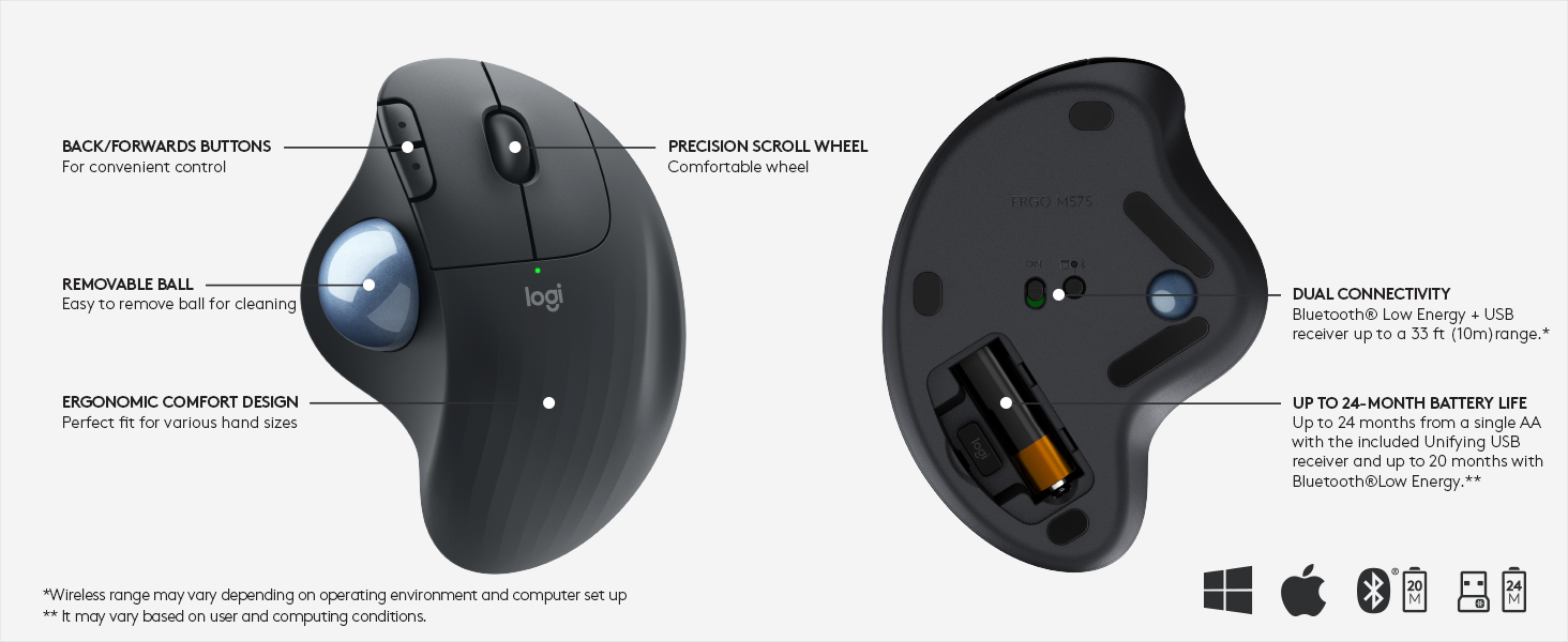 Logitech ERGO M575 Wireless Trackball Mouse Easy thumb control