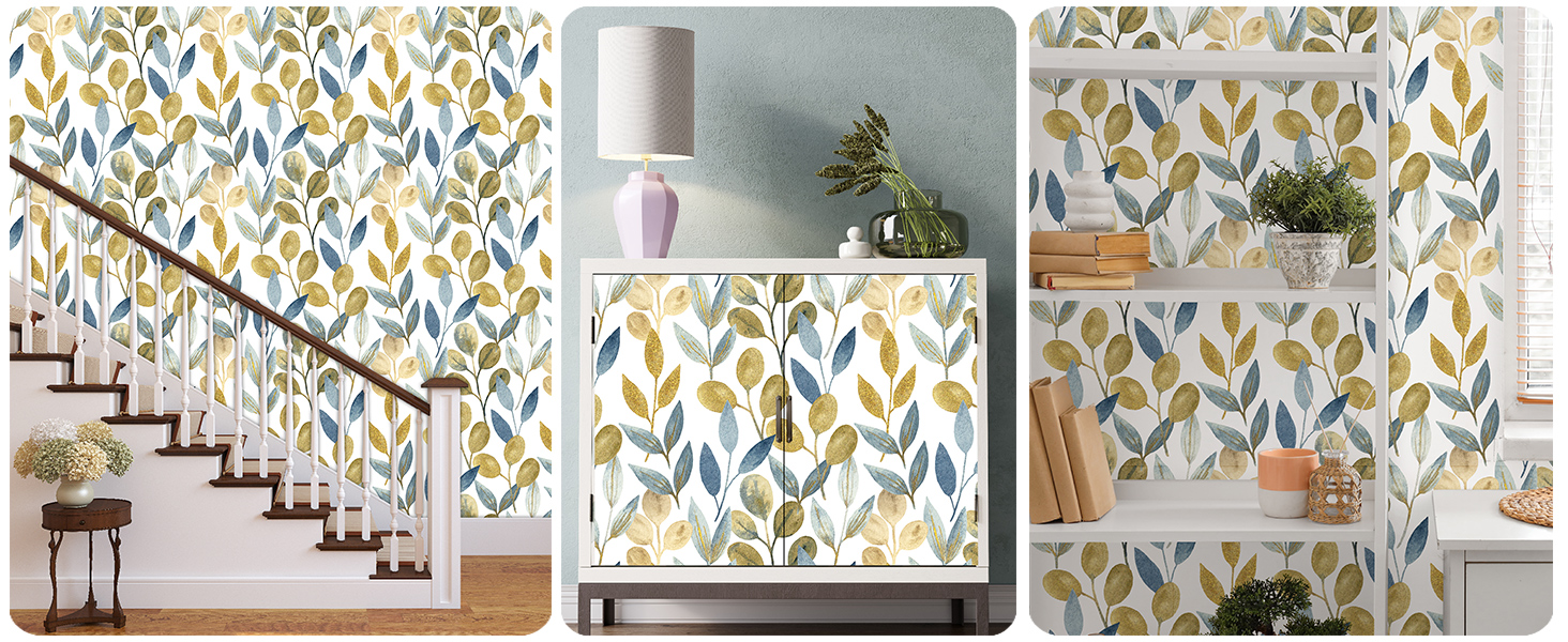 blue and gold leaf wallpaper for Cabinets