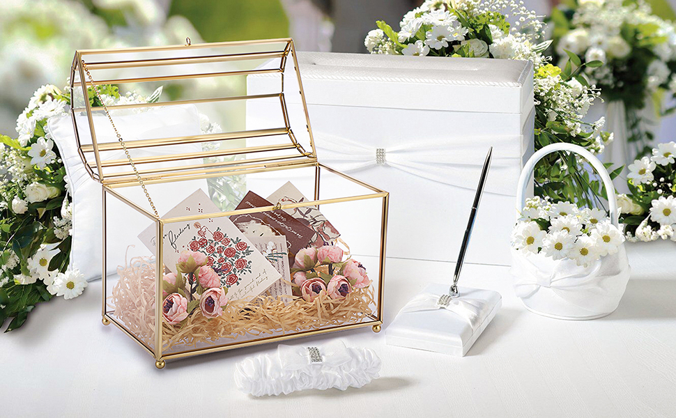 BTSKY Gold Glass Wedding Card Envelope Box with Heart Lock and Slot, 10