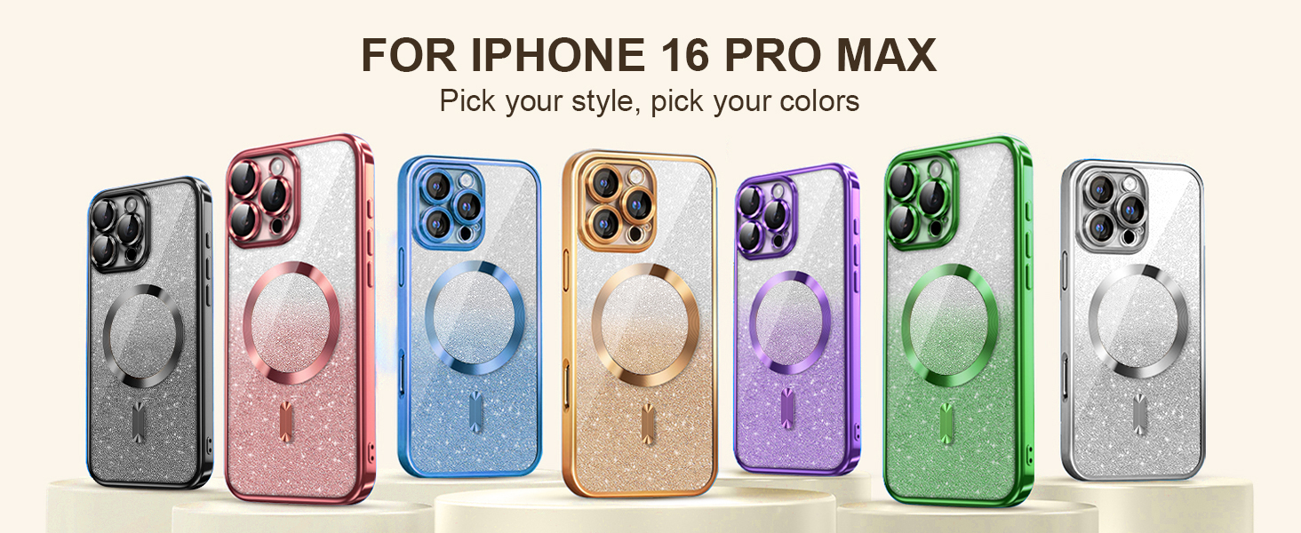 Seven iPhone 16 Pro Max cases in various colors with glitter finish and built-in ring stands. Cases shown in black, pink, blue, gold, purple, green, and silver.