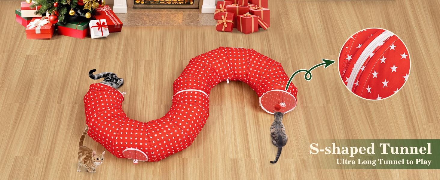 cat tunnel bed under Christmas tree