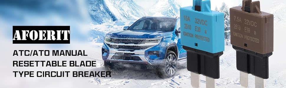 ATC/ATO manual resettable blade type circuit breaker. Blue and brown plastic components shown next to a blue SUV in a snowy mountain setting.