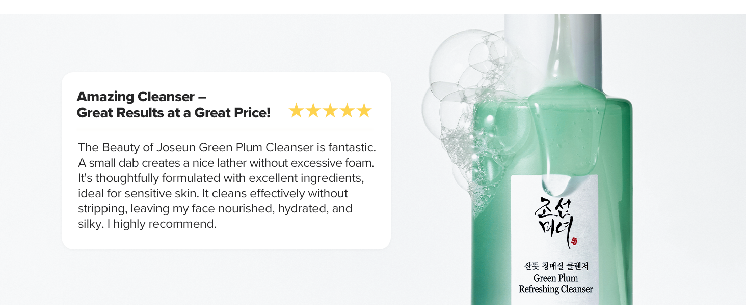 Text reads 'Amazing Cleanser - Great Results at Great Price!' with five-star rating. Shows mint green bottle of skincare product.