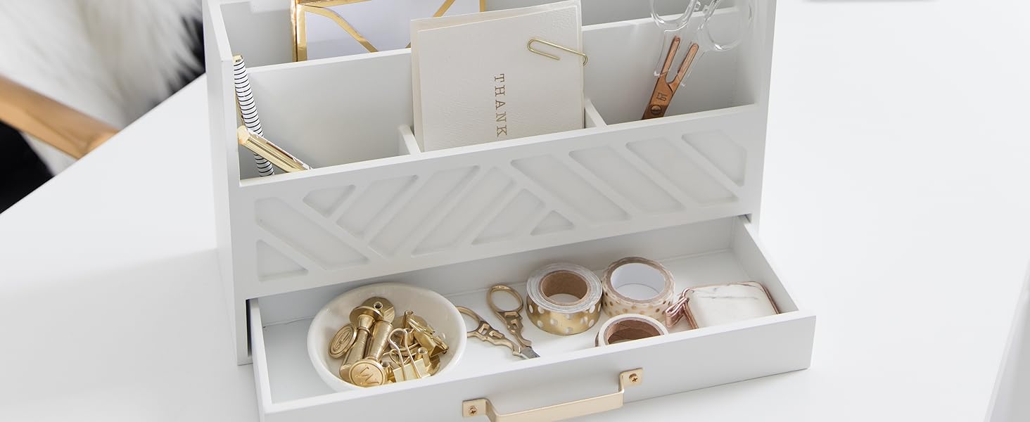 BLU MONACO White Wooden Desk Organizer with Drawer and Gold