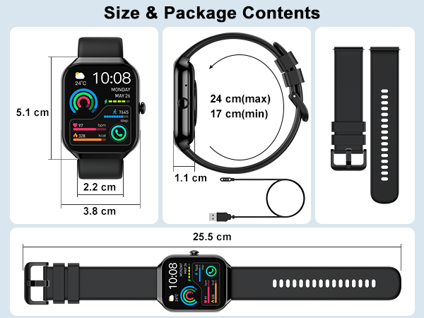 Smartwatch dimensions diagram showing 5.1cm x 3.8cm face, 1.1cm thickness, adjustable band 17-24cm, includes charging cable and extra strap.