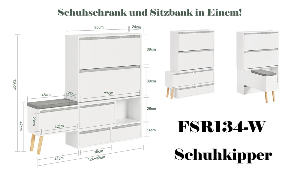 Weißer modularer Schuhschrank mit eingebauter Sitzbank. Verfügt über mehrere Staufächer, Holzbeine und Abmessungen, die in Zentimetern angegeben sind.