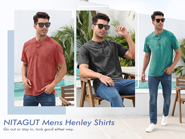 NITAGUT Mens Distressed Henley Shirts Retro Short Sleeve