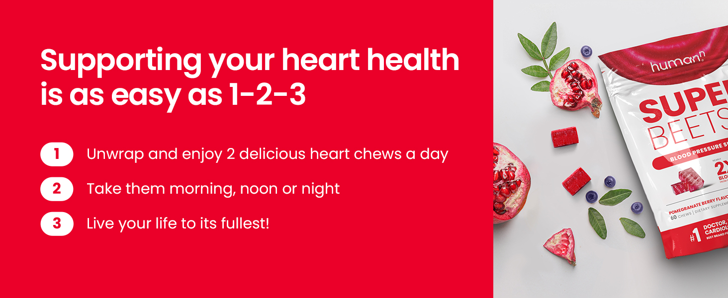 humanN SuperBeets Heart Chews, Nitric Oxide and Blood Pressure Support, Grape Seed Extract & Non-GMO Beet Root Powder Energy 2 SBHC A+ Premium