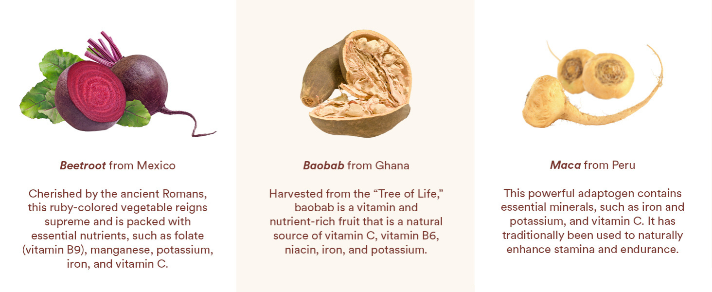 eetroot from Mexico, Baobab from Ghana, and Maca Root from Peru