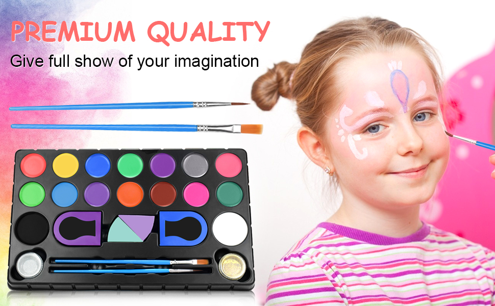 Greenmall Face Paint Kit for Kids 24 Jumbo Stencils, 16 Large Water Based Paints, 2 Glitters