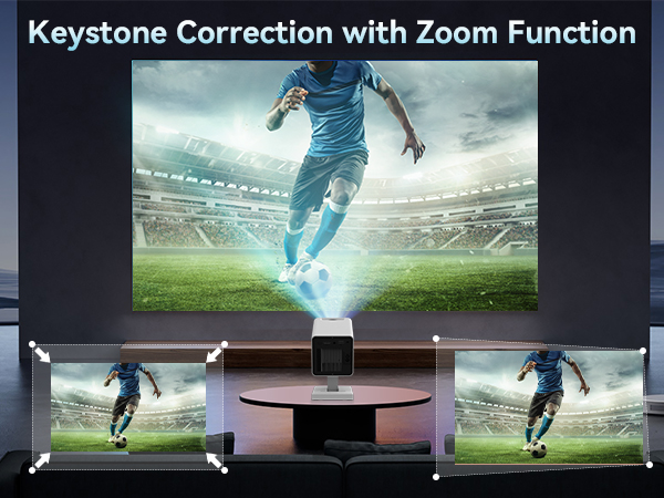 Projector display showing keystone correction and zoom function. Multiple screens demonstrate image adjustment capabilities for a soccer player image in a stadium.