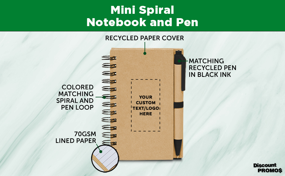 Custom Mini Spiral Notebooks with Black Ink Pens Set of 50