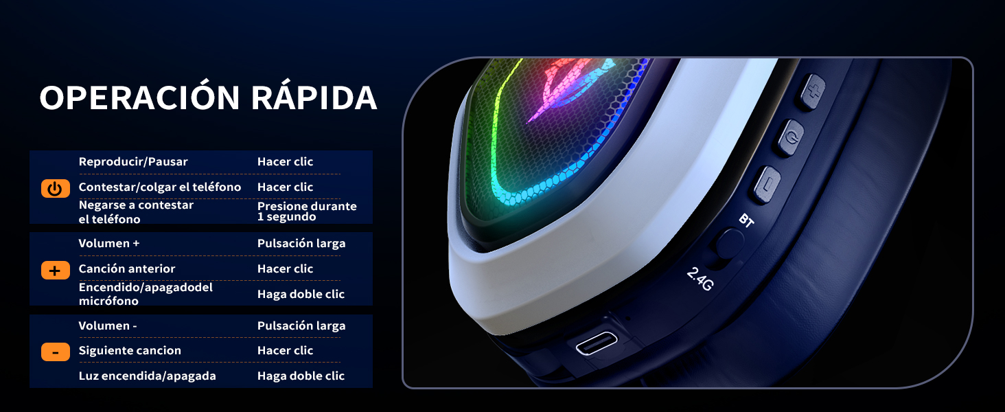 Primer plano de un ratón para juegos con iluminación RGB. Las características incluyen un funcionamiento rápido, botones personalizables y DPI ajustable. El texto en español describe varias funciones rápidas.