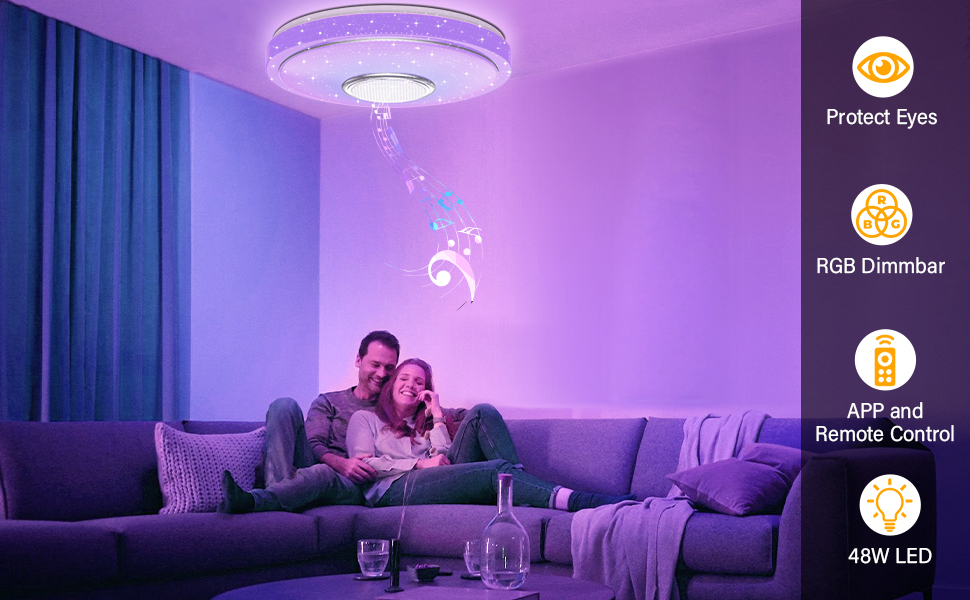 LED-taklampa med lila omgivande belysning, med appkontroll, RGB-dimning och 48W utgång, visas i en vardagsrum