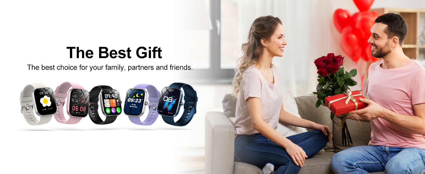 경품에 대한 프로모션 텍스트 옆에 다양한 색상의 밴드와 화면이 표시된 5개의 스마트워치 디스플레이. 장치에는 디지털 디스플레이와 다양한 스트랩 디자인이 있습니다.