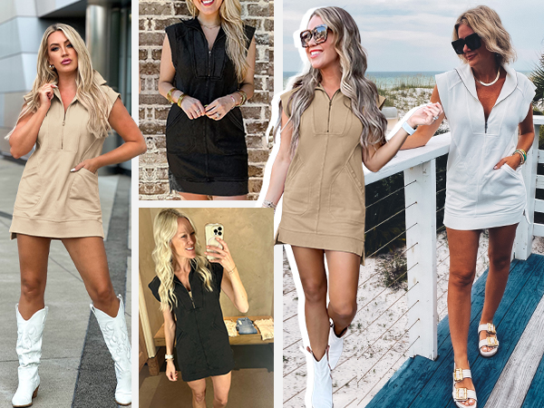Fisoew Womens Summer Half Zip Sweatshirt Dresses V Neck