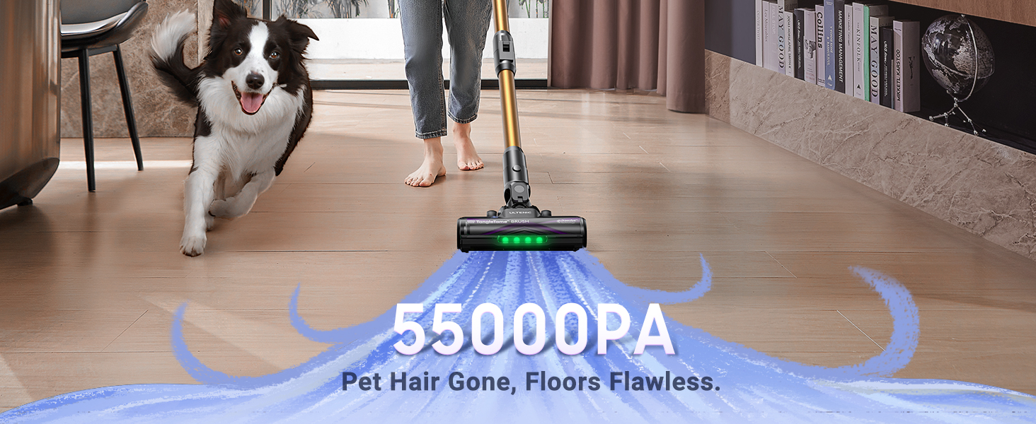 Cordless vacuum cleaner in use on hardwood floor, with '35000PA' suction power displayed. Dog running nearby. Text reads 'Pet Hair Gone, Floors Flawless.'