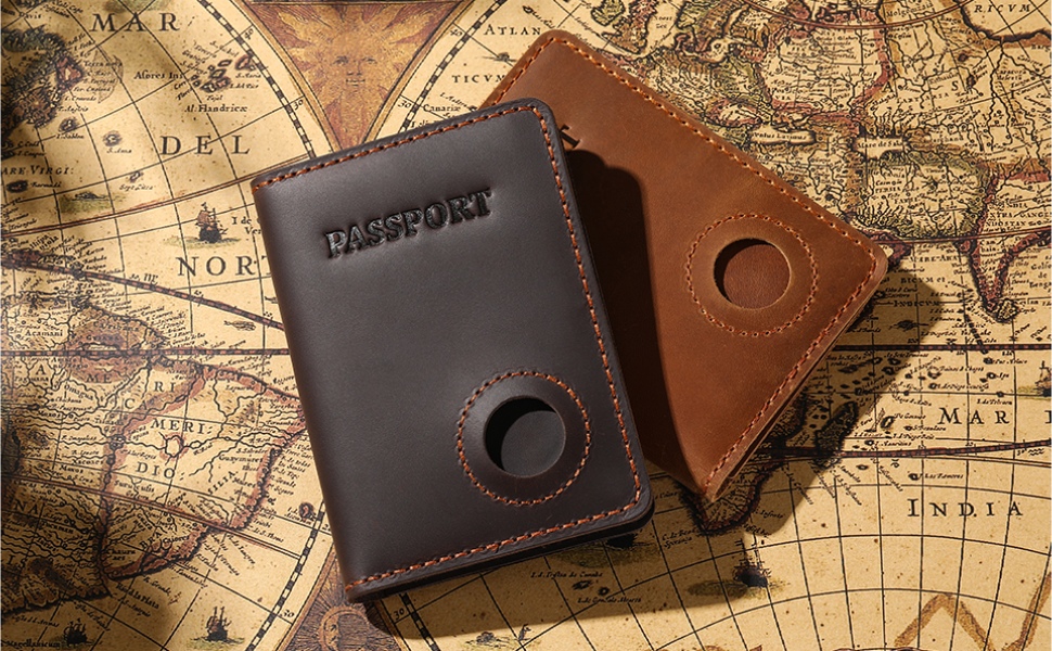 Full Grain Leather Passport Holder with Airtag Slot, Mens Air tag Passort Travel