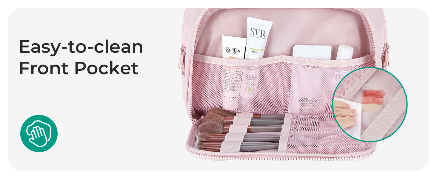 Le texte indique « Poche avant facile à nettoyer ». Démonstration du produit montrant un système de rangement organisationnel rose à plusieurs compartiments.