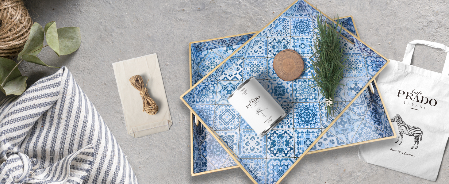 Spsyrine Boho Blue Decorative Plastic Serving Trays with Handles for Living Room