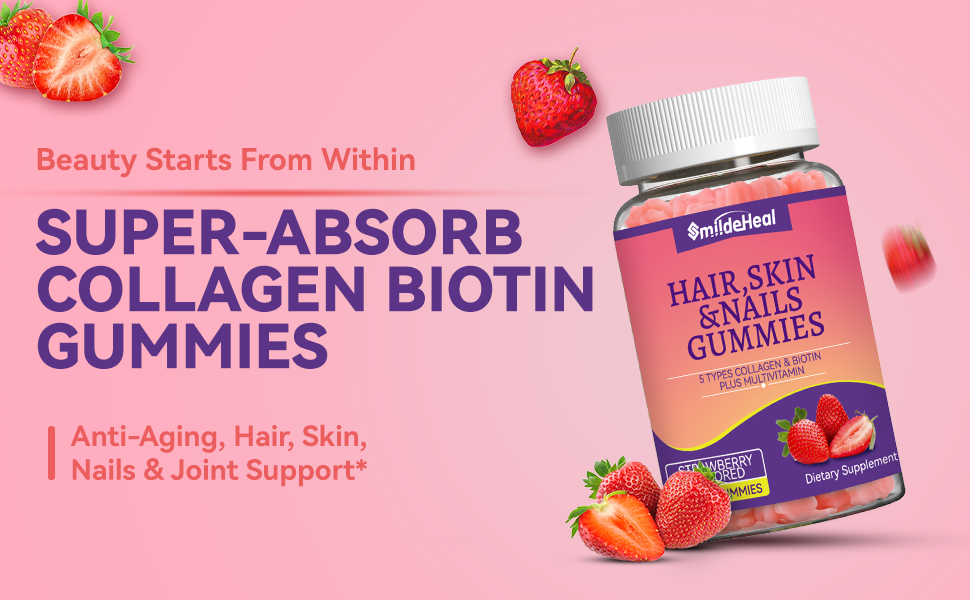 SmildeHeal Biotin Collagen Gummies, Vitamin C E Zinc B12