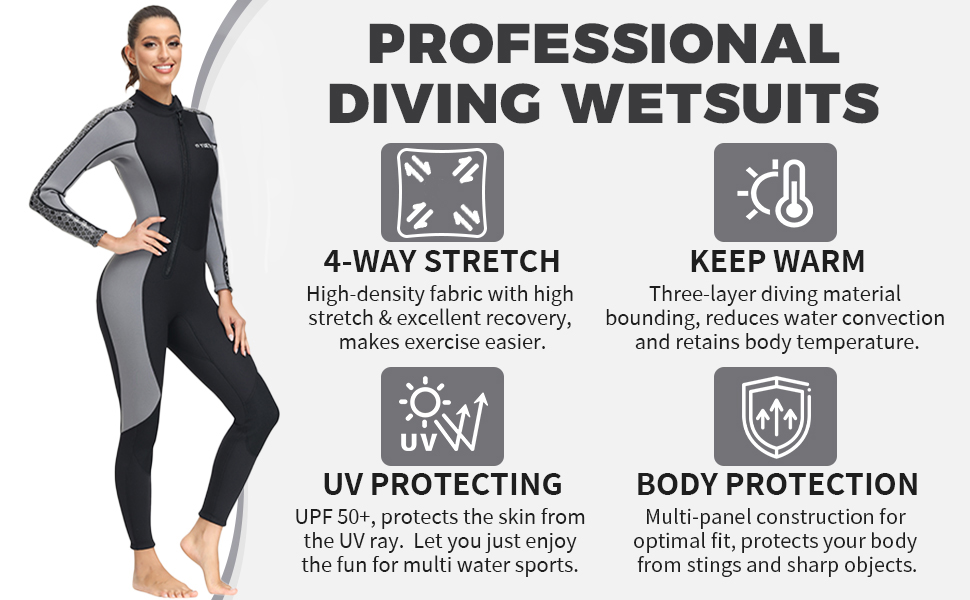 Yueta Wetsuit Women 3/2mm Full Body Front Zip Long Sleeve Diving Suit UV Protection Keep Warm in