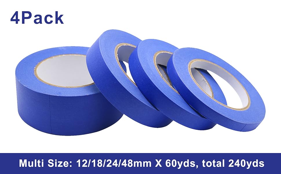 BOMEI PACK 4 Pack Blue Painters Tape, 1/2" 3/4" 1” 2” x 60yds, Multi