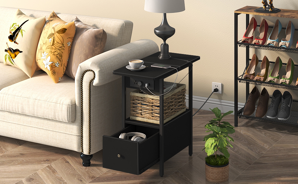 LIDYUK End Table with Charging Station, Narrow Side Table