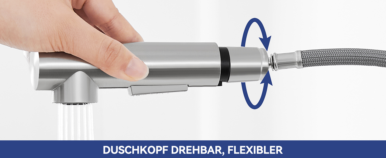 Handbrause mit flexiblem Schlauch Eine Hand demonstriert ihre Drehfähigkeit. Der Text lautet „DUSCHKOPF DREHBAR, FLEXIBLER“ und weist auf einstellbare und flexible Funktionen hin.