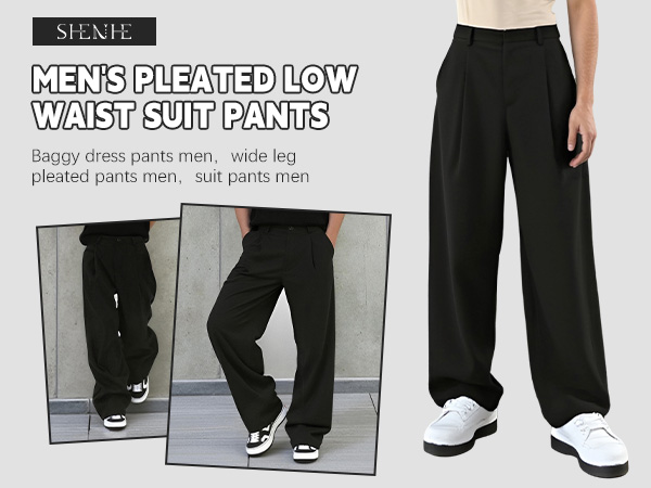 SHENHE Men's Pleated Low Waist Wide Leg Suit Pants Casual Dress