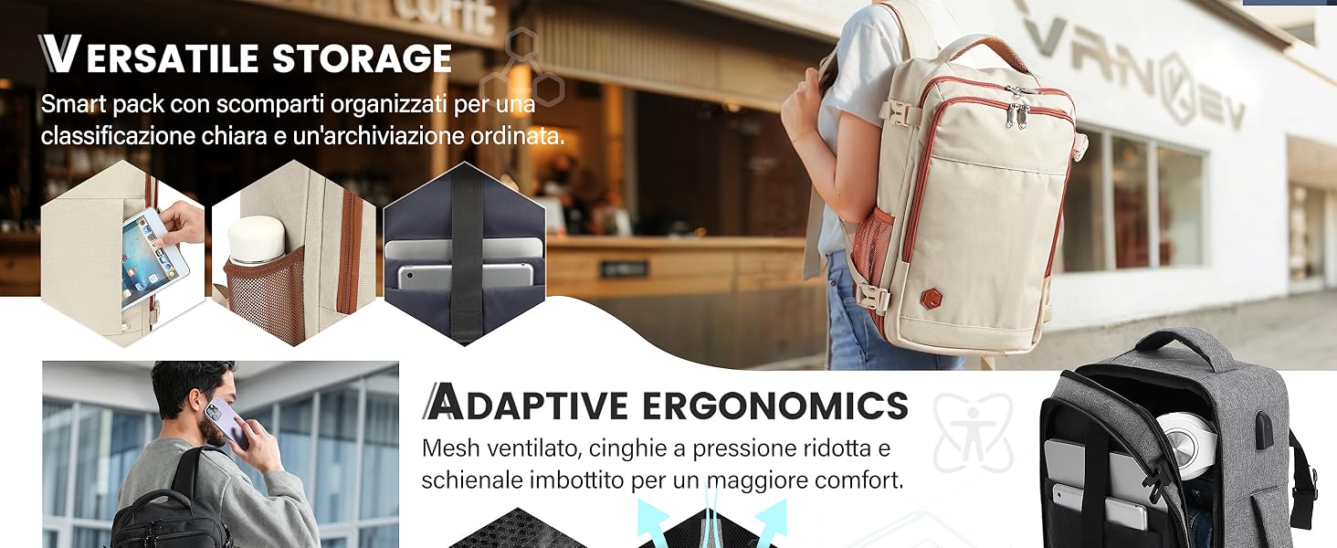 Layout delle informazioni sul prodotto che mostra le funzionalità di archiviazione e gli elementi di design ergonomici con molteplici scenari di utilizzo del prodotto