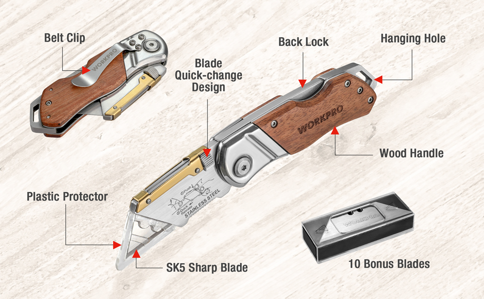WORKPRO Folding Utility Knife Wood Handle Heavy Duty Cutter with Extra