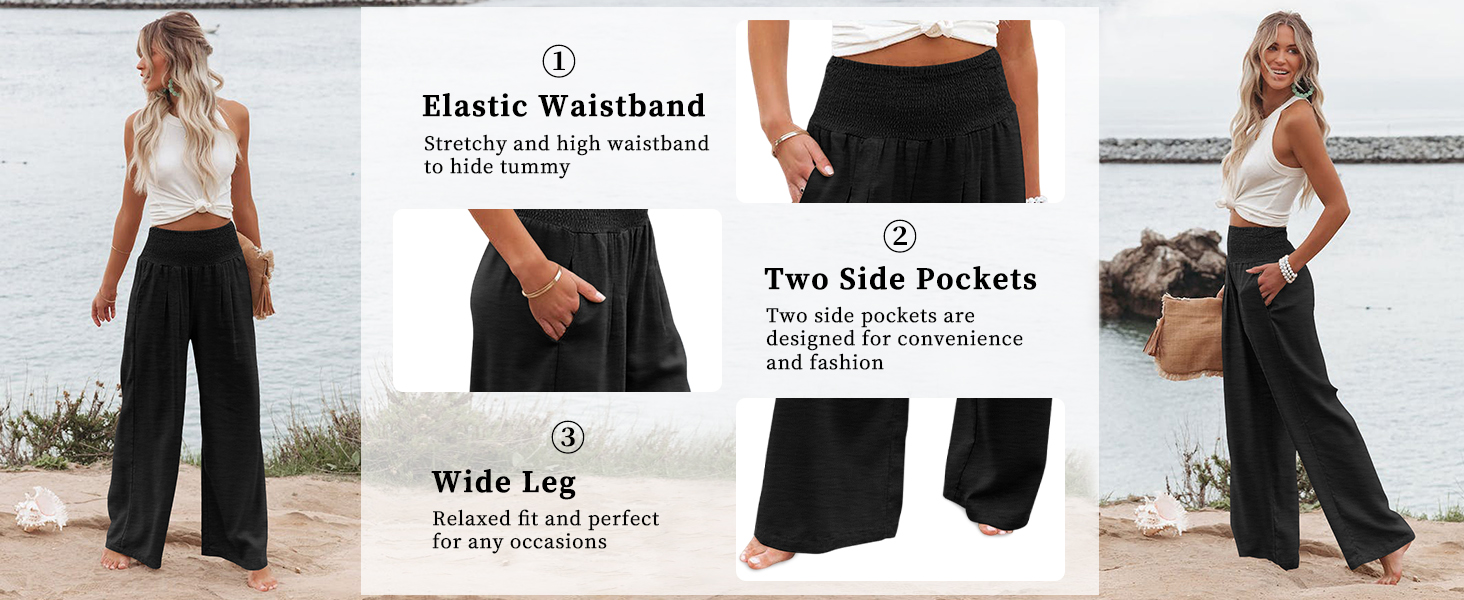 Womens Elastic High Waisted Palazzo Pants Casual Wide Leg Long Lounge Pant Trousers with Pocket