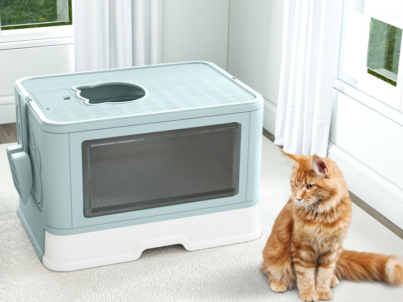 Bilderserie, die eine hellblaue Futterstation für Haustiere oder einen erhöhten Futternapf zeigt, wobei eine orangefarbene Katze die Verwendung demonstriert.